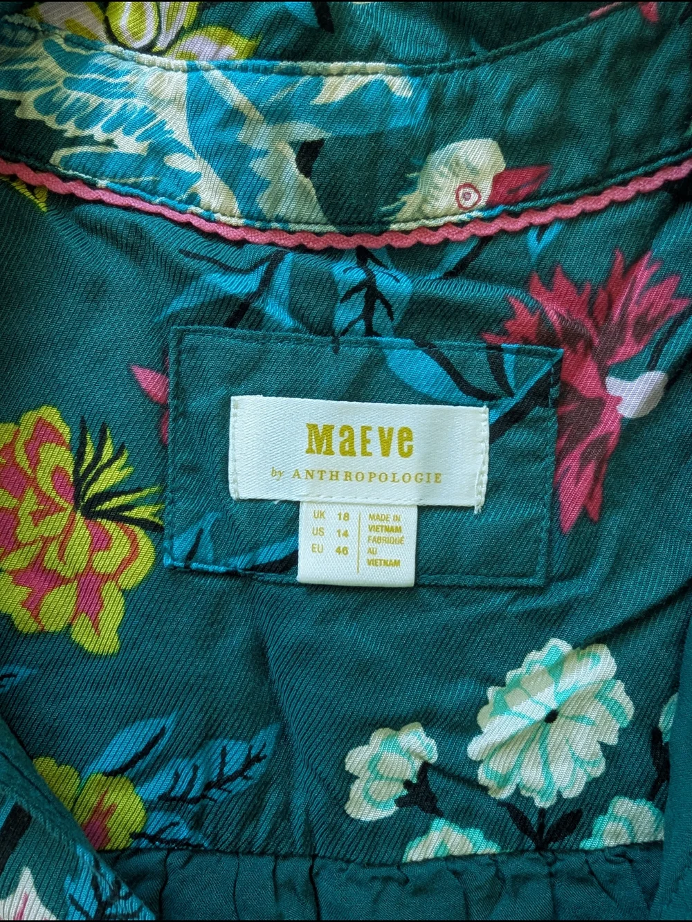 Maeve Anthropologie Button Front Shirt Dress 14 Green Floral Bird V-neck Slit - Picture 5 of 15